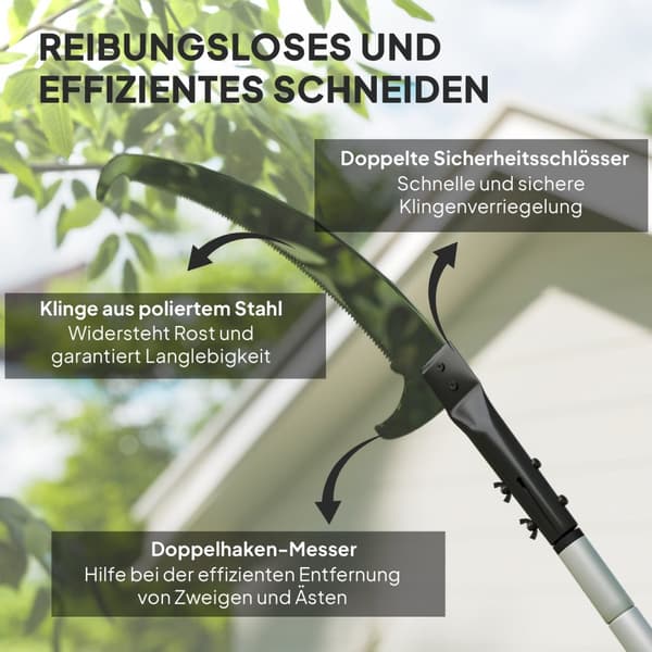 Teleskopisk grensag 1,5–2,6 m tresaks med låseanordning, teleskophåndtak, non-stick belagt blad, svart
