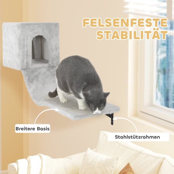 Klatrevæg til katte 6-delt kat klatrevægsæt med kattehus, hængekøje, platform og kradsebræt grå