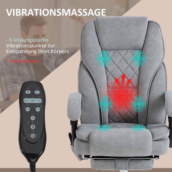 Ergonomisk kontorstol med massagefunktion, fodstøtte, drejelig, rullebar, grå