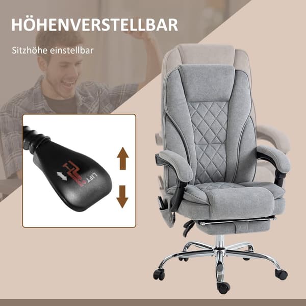 Ergonomisk kontorstol med massagefunktion, fodstøtte, drejelig, rullebar, grå