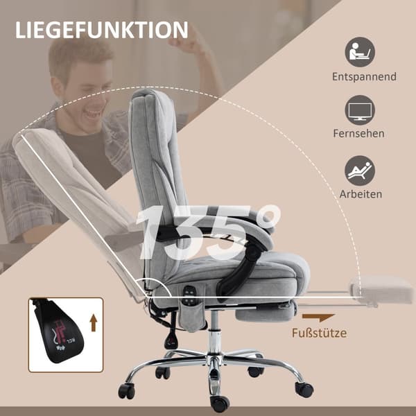 Ergonomisk kontorstol med massagefunktion, fodstøtte, drejelig, rullebar, grå