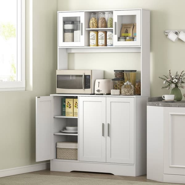 Køkkenskab, skandinavisk design, 4 skabe, justerbare hylder, glaslåger, åben plads, spånplade, MDF, hvid