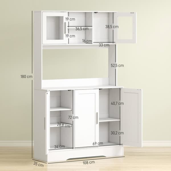 Køkkenskab, skandinavisk design, 4 skabe, justerbare hylder, glaslåger, åben plads, spånplade, MDF, hvid