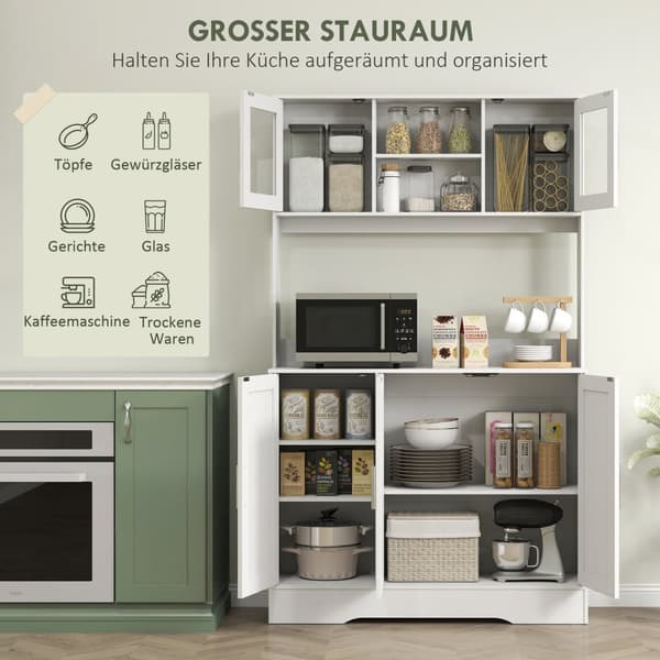 Køkkenskab, skandinavisk design, 4 skabe, justerbare hylder, glaslåger, åben plads, spånplade, MDF, hvid