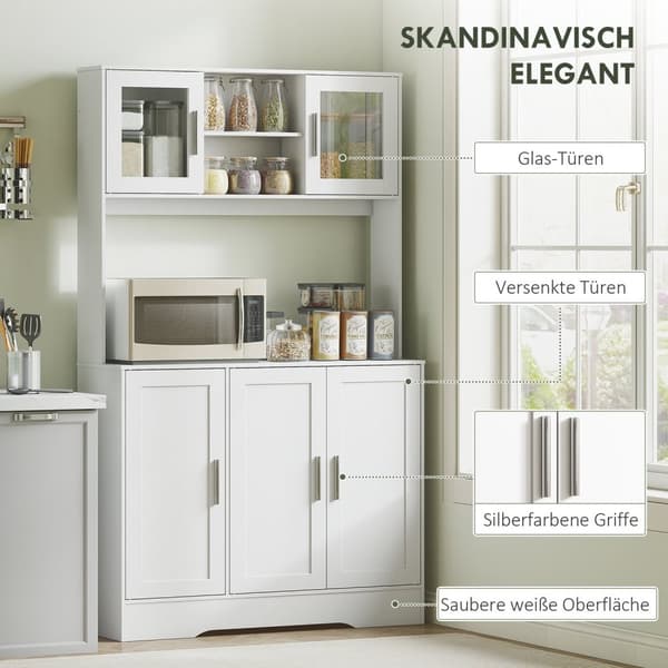 Køkkenskab, skandinavisk design, 4 skabe, justerbare hylder, glaslåger, åben plads, spånplade, MDF, hvid