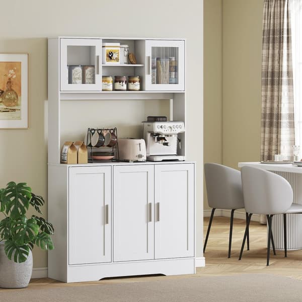 Køkkenskab, skandinavisk design, 4 skabe, justerbare hylder, glaslåger, åben plads, spånplade, MDF, hvid
