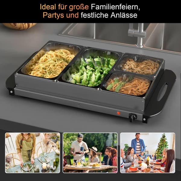 2-i-1 buffetvarmer 6,8L kogeplade 300 Watt rustfrit stål madvarmer sølv