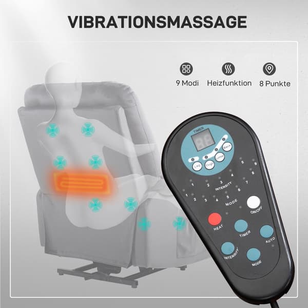Tv-stol med ståhjælp, varme- og massagefunktion, fjernbetjening og sidelomme, mørkegrå