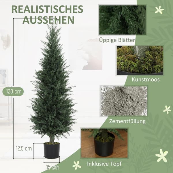Kunstig cypres plante, 638 plastblade, med potte, UV-bestandig, grøn