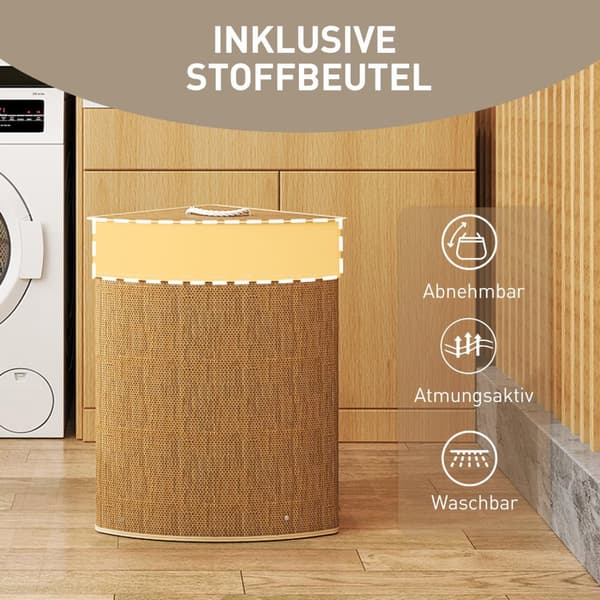 Hjørnevasketøjskurv, bambusvævning, 55 liter, stofpose, metalstel, brun