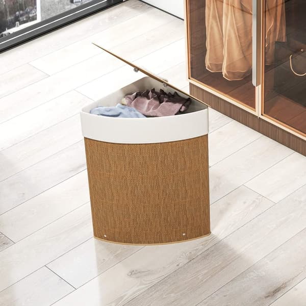 Hjørnevasketøjskurv, bambusvævning, 55 liter, stofpose, metalstel, brun