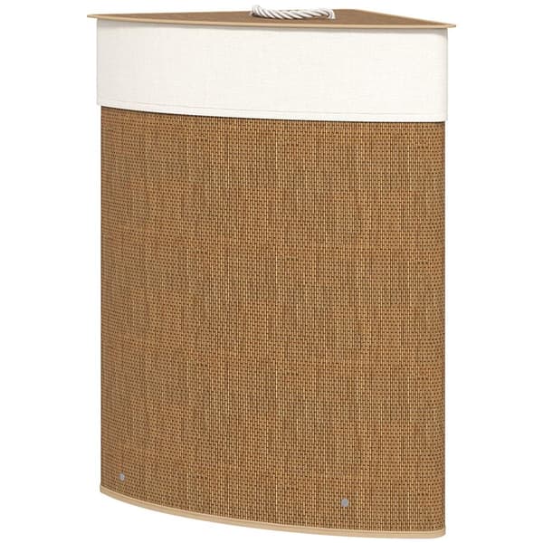 Hjørnevasketøjskurv, bambusvævning, 55 liter, stofpose, metalstel, brun