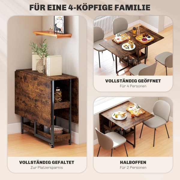 Sammenklappeligt spisebord i industrielt design, til op til 4 personer, åbne hylder, fleksibelt, metal, spånplade, brun