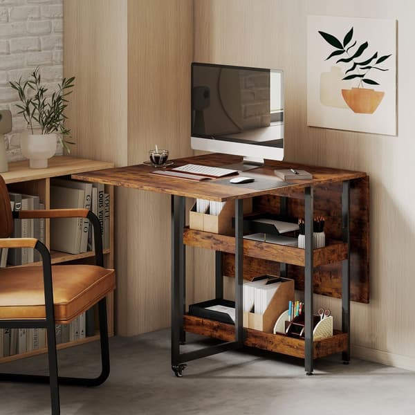Sammenklappeligt spisebord i industrielt design, til op til 4 personer, åbne hylder, fleksibelt, metal, spånplade, brun