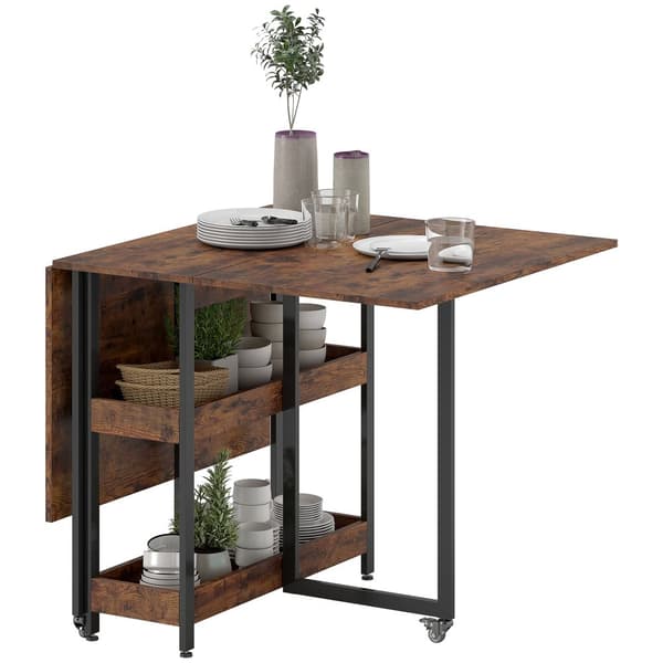 Sammenklappeligt spisebord i industrielt design, til op til 4 personer, åbne hylder, fleksibelt, metal, spånplade, brun