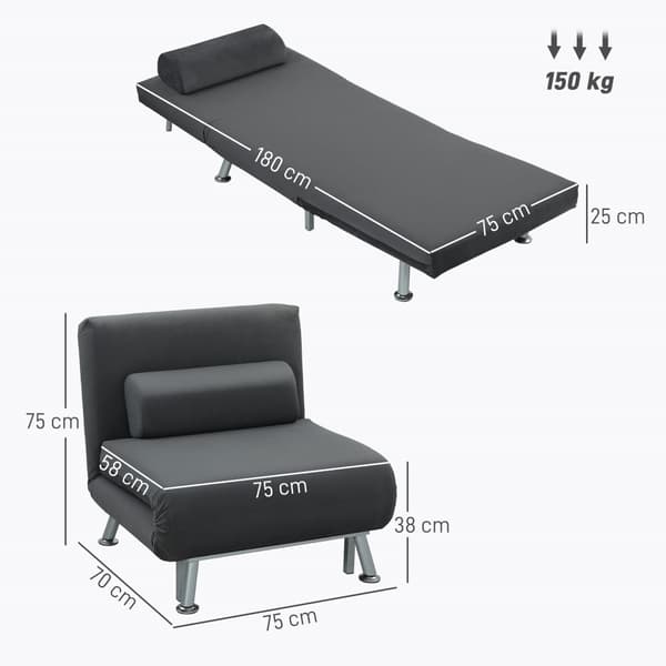 Sammenklappelig lænestol med sengefunktion, foldbar hvilestol i fløjlslook, justerbart ryglæn, 75 x 70 x 75 cm, mørkegrå
