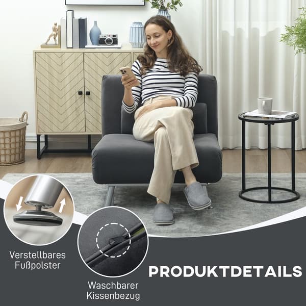 Sammenklappelig lænestol med sengefunktion, foldbar hvilestol i fløjlslook, justerbart ryglæn, 75 x 70 x 75 cm, mørkegrå