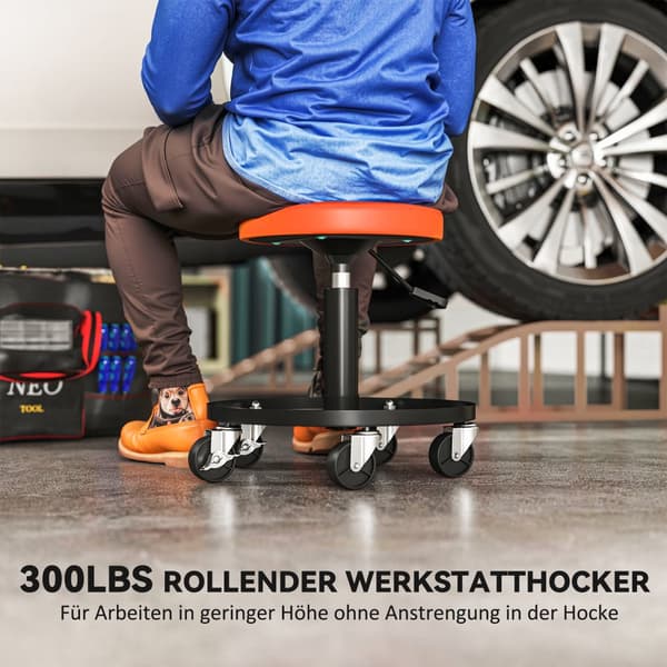 Værkstedsskammel med hjul, højdejusterbar fra 38-50cm, bæreevne op til 135 kg, Orange