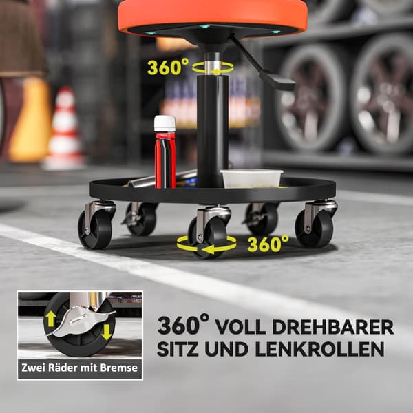 Værkstedsskammel med hjul, højdejusterbar fra 38-50cm, bæreevne op til 135 kg, Orange