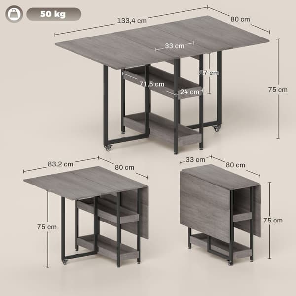 Sammenleggbart spisebord i industridesign, for inntil 4 personer, åpne hyller, fleksibelt, metall, sponplater, grå