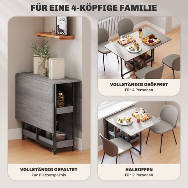 Sammenleggbart spisebord i industridesign, for inntil 4 personer, åpne hyller, fleksibelt, metall, sponplater, grå