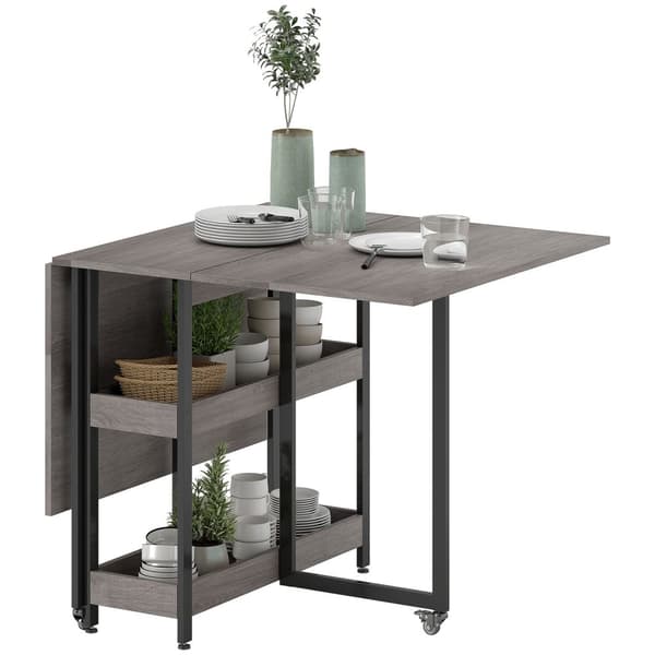 Sammenleggbart spisebord i industridesign, for inntil 4 personer, åpne hyller, fleksibelt, metall, sponplater, grå