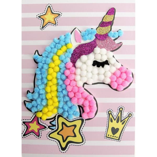 Kreativkit - Enhörning - 15 x 21 cm - Flerfärgade pom pom - Rolig aktivitet - För barn från 3 år