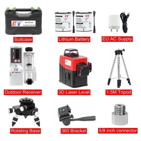 3D Laser Niveau, Selvnivellering, 360 Beslag Skråfunktion, 360 Laser Tripod