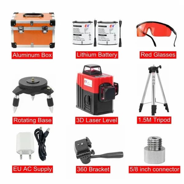 3D Laser Niveau, Selvnivellering, 360 Beslag Skråfunktion, 360 Laser Tripod