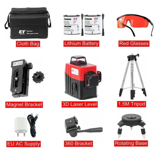3D Laser Niveau, Selvnivellering, 360 Beslag Skråfunktion, 360 Laser Tripod