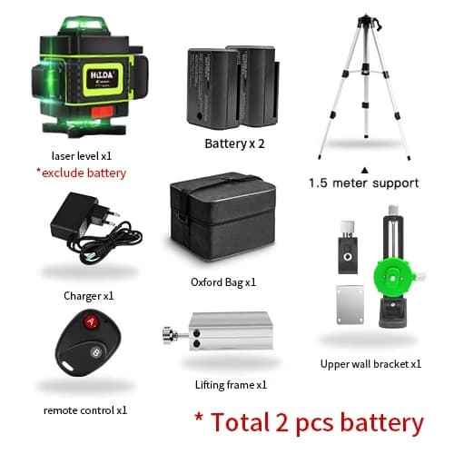 16-linjers laser niveau, høj præcision, komplet sæt med tilbehør,4D Batteri X2 SÆT 12