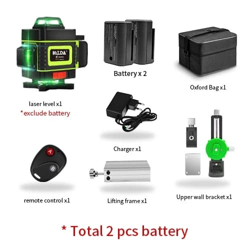 16-linjers laser niveau, høj præcision, komplet sæt med tilbehør,4D Batteri X2 SÆT 12