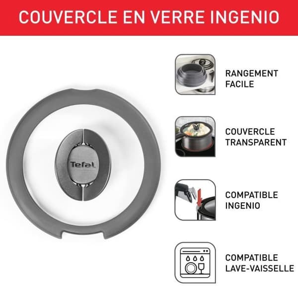 TEFAL INGENIO Glaslock 16 cm, Fällbart handtag, Snabbmatlagning, Ingenio-kompatibel, Tål diskmaskin L9846102