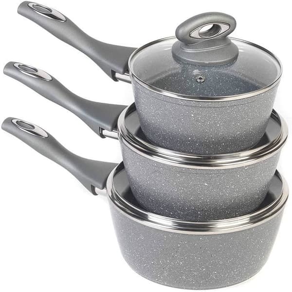 Salter Set av 3 non-stick kastruller i smitt aluminium BW02986G Marble Collection, 16/18/20 cm, Grå.