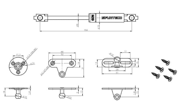 Kaasujousi PG3, 156 mm, 60 N