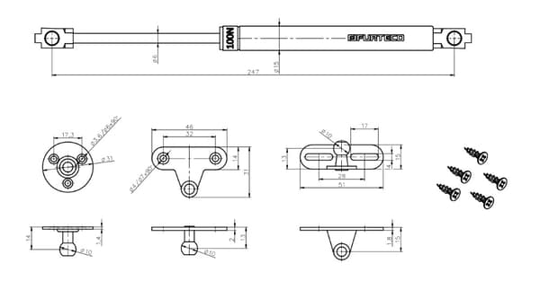 Gasløft PG1, 244 mm, 100 N