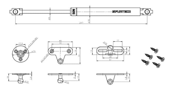 Gaslyft PG1, 244 mm, 50 N