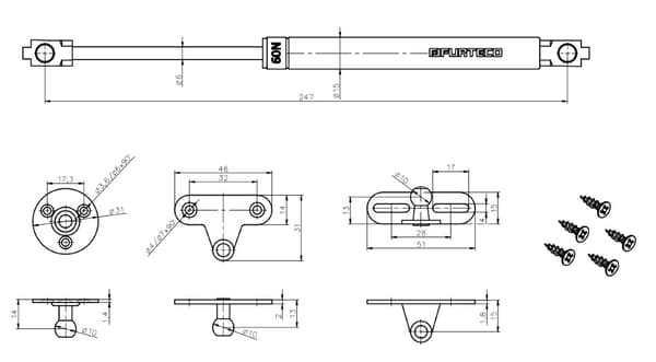 Gasløft PG1, 244 mm, 60 N