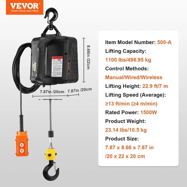 Bærbar elektrisk talje spil, 1100 lbs kapacitet, 1500W effekt,1. 1100 pund
