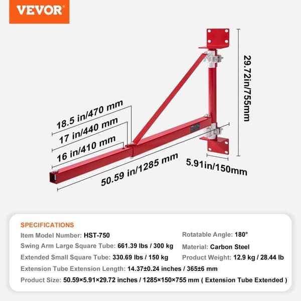Elektrisk hejsearm, maksimal belastningskapacitet 300 kg, justerbar 180° vinkel, konstruktion i kulstofstål,750-1150mm