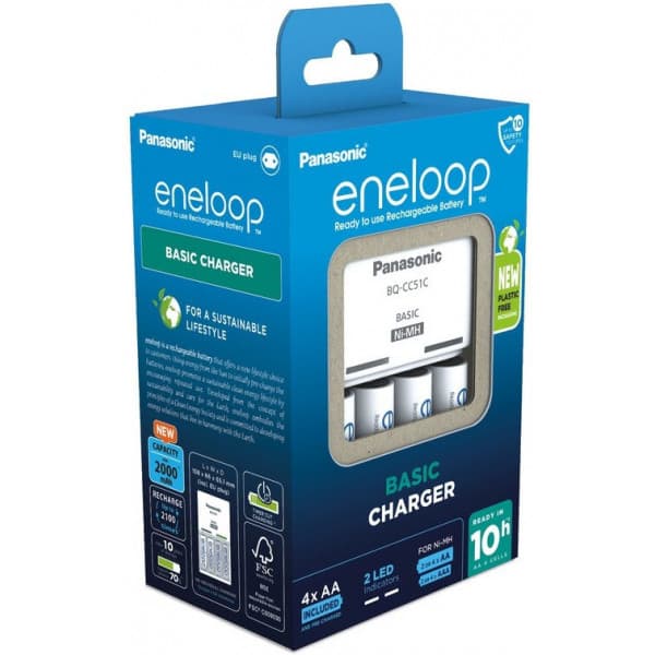 Panasonic Eneloop BQ-CC51-oplader + 4 stk. 2000 mAh AA-genopladelige batterier