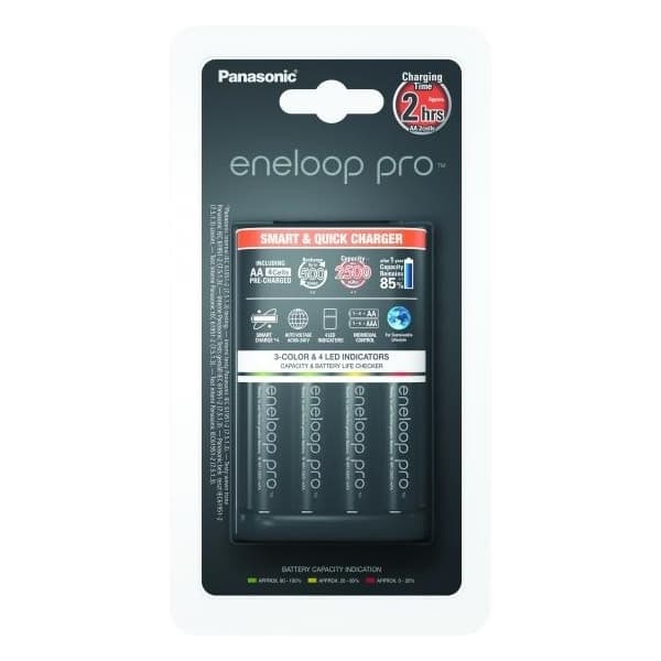 Panasonic Eneloop Pro BQ-CC55 -hurtig oplader + 4 stk. Eneloop Pro AA 2500 mAh -genopladelige batterier