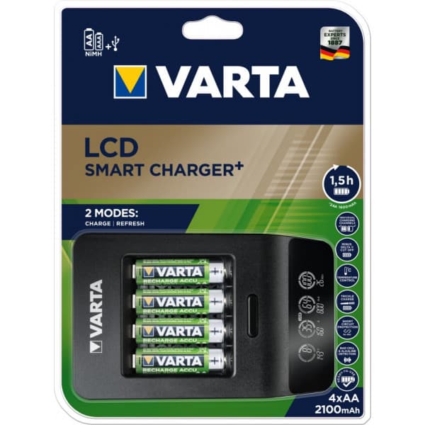 Varta LCD Smart Charger+ -opladningsenhed og 4 stk. AA (LR6) 2100 mAh batterier Sort
