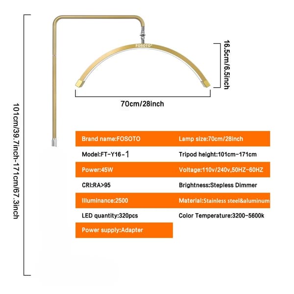 FOSOTO LED Video Light, 45W Effekt, Justerbar Farvetemperatur 3200-5600K,Guld Y16-1