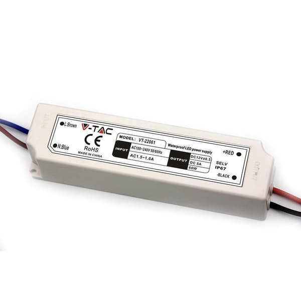 LED-virtalähde V-TAC VT-22061 60W 12V 5A IP67 Hermeettinen, EMI-suodattimella (SKU 3234) Valkoinen