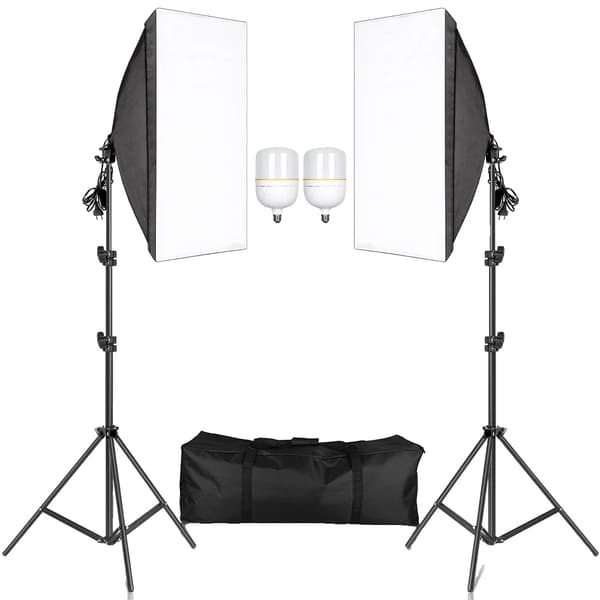 Softbox-belysningskit, 3 softboxar, justerbara ljusstativ,tvåfärgad glödlampa