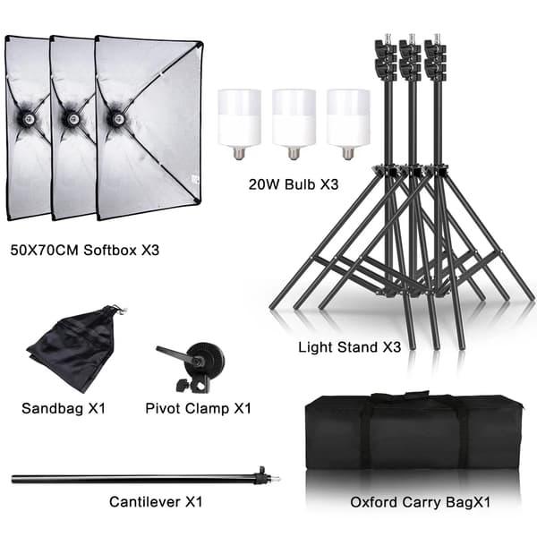 Fotografi Softbox Belysningskit, 3 Softboxar, Justerbara Ljusstativ,3st 20W glödlampor