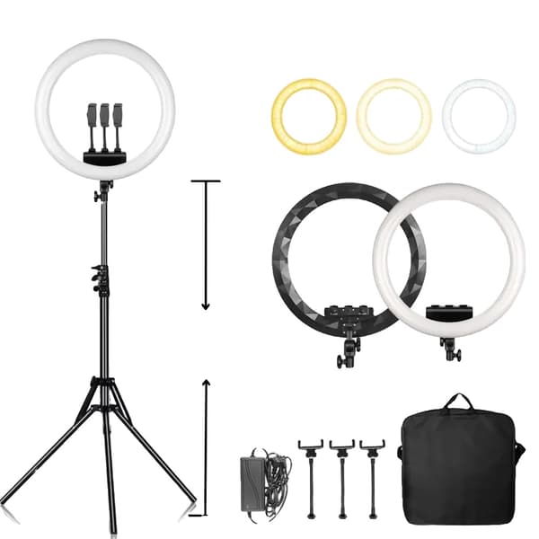 18 tommer Ringlys, Dæmpbar Lysstyrke, 2500k-8500k Farvetemperatur,18C 184cm Stativ