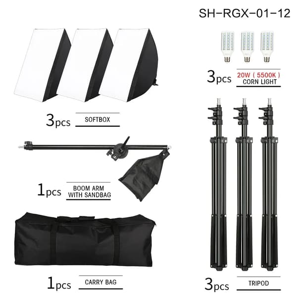 Professionell fotostudio softbox belysningskit, 3 softboxar, justerbara ljusstativ,20W Lampa
