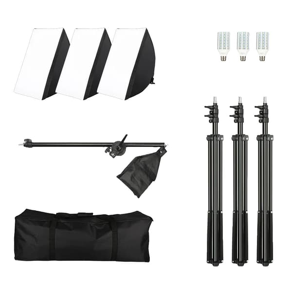Professionell fotostudio softbox belysningskit, 3 softboxar, justerbara ljusstativ,20W Lampa